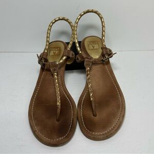 Frye Sandals Women’s Sz 9 M Madison Braided Flats Metallic Gold Tan Leather
